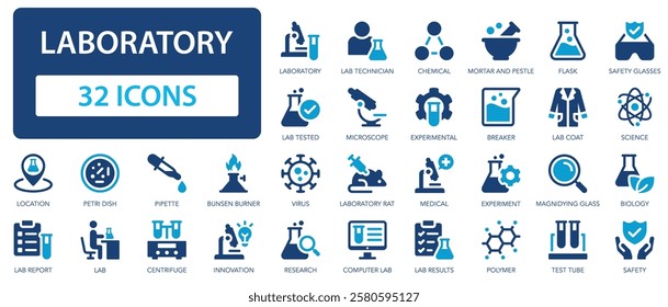 Laboratory flat icons collection. Science, virus, biology, safety, mortar, lab, microscope, beaker, technician, esearch, chemical, experiment sign set.