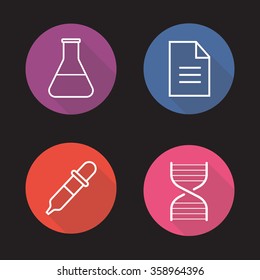 Laboratory flat linear long shadow icons set. Medical lab flask, test results, DNA stand and dropper symbols. Science research equipment. Outline logo concepts. Vector line art illustrations