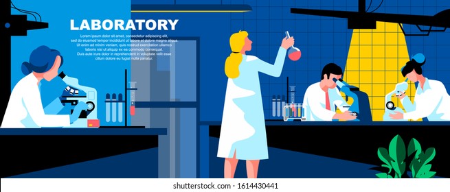 Laboratory flat vector landing page template. Medical tube testing, chemical lab banner layout with header. Biochemistry experiment, pharmaceutical discovery cartoon illustration with text space