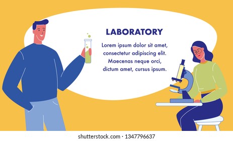 Laboratory Flat Vector Web Banner with Text Space. Woman with Microscope. Student at Biology, Chemistry Class. Man Holding Tube with Chemicals. Female Scientist, Researcher Character. Lab Testing