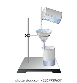 A laboratory funnel with clamping stand and  cone-shaped paper filter, with a glass beaker to collect the filtrate. Vector 2D illustration in cartoon style on a white background