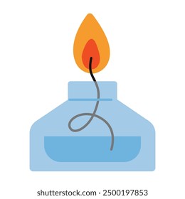 Laboratory glass alcohol lamp burner with flame for chemistry experiments. Scientific research equipment. Vector illustration isolated on white background, hand drawn, flat design
