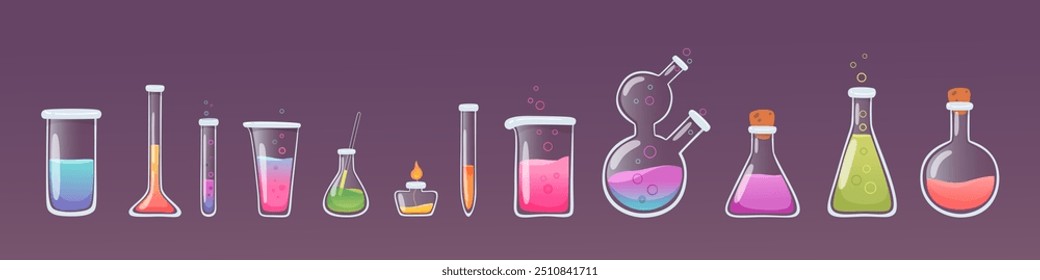 Conjunto vetorial de copos de vidro de laboratório. Testes de química laboratorial. Frascos com reagente líquido. Cartoon 3D tubos de vidro. Equipamentos médicos e químicos. Experiência científica e investigação.