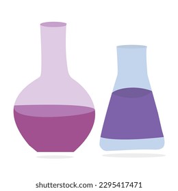 Laboratory glass bottle with blue liquid isolated on white background,flasks with liquid on table against color background. Laboratory analysis.