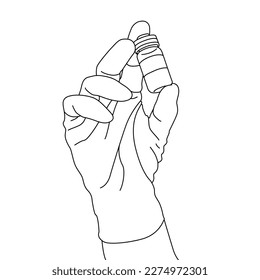 Laboratory glass bottle in hand with rubber gloves, vector linear drawing