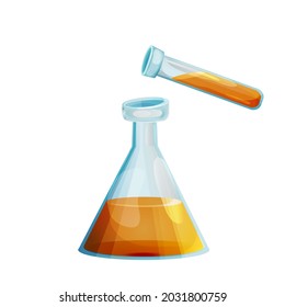 Laboratory glass bottle with test tube with liquid in cartoon style isolated on white background. Lab, chemistry element, science equipment.