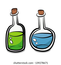 laboratory glass bottles with liquid inside / cartoon vector and illustration, isolated on white background.