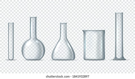 Equipo de vidrio de laboratorio. Tubo de ensayo de recipientes de laboratorio químicos y biológicos y de cilindros, cierre de frascos y retornos, frascos de medición limpios y radiadores científicos ilustración vectorial