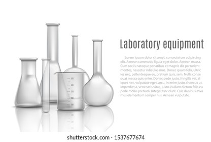 Laboratory glass equipment items with flasks and beakers 3d realistic vector illustration. Chemical laboratory containers with copy space for text banner template.