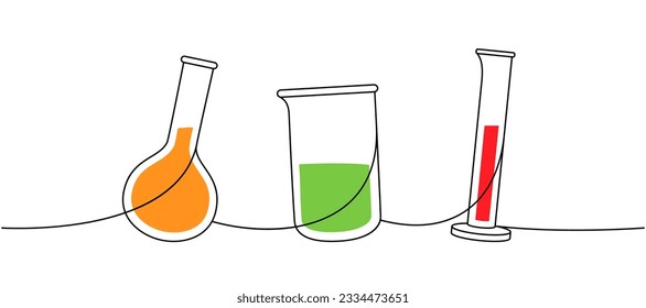 Laboratory glass equipment one line colored continuous drawing. Round bottom flask, glass beaker, graduated cylinder continuous one line illustration.