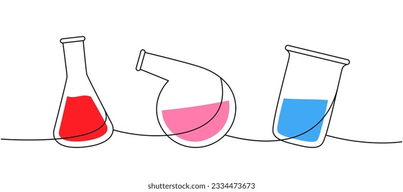 Laboratory glass equipment one line colored continuous drawing. Conical flask, retort glass flask, glass beaker continuous one line illustration.