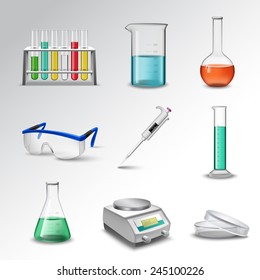 Laboratory glass equipment realistic decorative icons set with flasks beakers and pipette isolated vector illustration