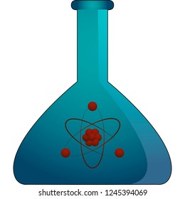 Laboratory glass flask with atom logo. Vector Illustration. Isolated on a white background