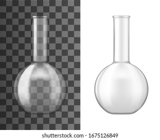 Laboratory glass flask or beaker 3d vector design of chemical lab glassware equipment. Realistic empty boiling flask of chemistry science experiments, biology or medicine tests, pharmacology research