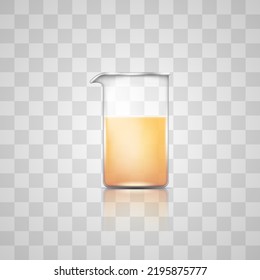 Laboratory glass flask or beaker 3d. Realistic chemical lab glassware equipment. Flask with liquid of chemistry science experiments, biology or medicine tests, pharmacology. Vector illustration