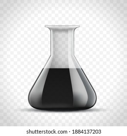 Laboratory glass flask with black oil. Template isolated on a transparent background. Vector illustration