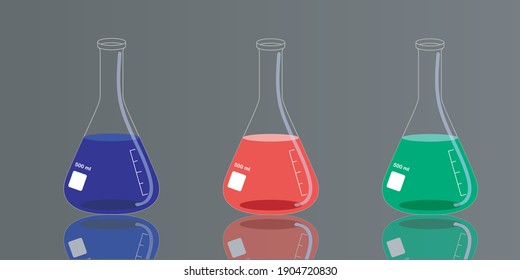 matraz de vidrio de laboratorio con líquido químico, diseño de icono vectorial de objeto científico con líquido verde, rojo y azul.