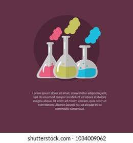 Laboratory glass flasks with color liquid inside on a purple background. Vector illustration