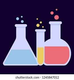 Laboratory glass flasks and test tubes with blue, yellow and pink liquid. Chemical and biological experiments. Vector illustration in flat style on dark background.