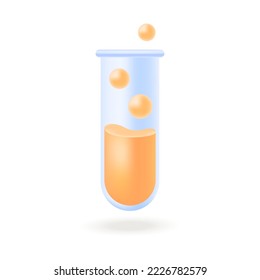Laboratory glass test tube with bubbles and fluid 3D icon. Lab vial with liquid for chemical, pharmaceutical, medical research 3D vector illustration on white background. Science, analysis concept