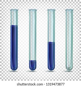 Laboratory glass tubes with a dark blue liquid of different amounts. Vector illustration on a transparent background.