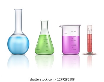 Laboratory glassware 3d realistic vector set isolated on white background. Graduated lab tube, beaker and flask filled different colors liquids illustration. Equipment for chemical test collection