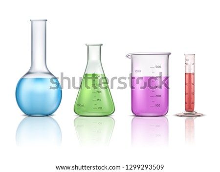 Laboratory glassware 3d realistic vector set isolated on white background. Graduated lab tube, beaker and flask filled different colors liquids illustration. Equipment for chemical test collection