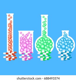 Laboratory glassware or beaker and pills. Vector set of glass flasks with color pills. Vector illustration EPS10