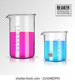Laboratory glassware or beaker with varicolored liquid. Quality realistic vector, 3d illustration