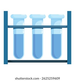 Laboratory glassware with blue liquid inside is standing on a rack on white background