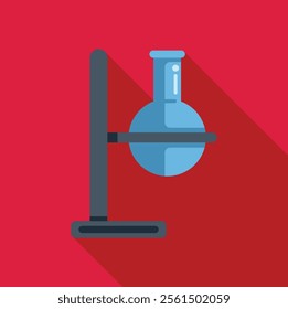Laboratory glassware with blue solution is standing on a support on red background