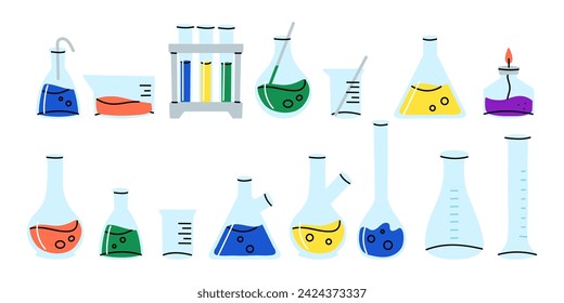 Laborglaswaren. Chemische Reagenzien in Glasflaschen und Reagenzgläsern. Medizinische Laborgeräte. Instrumente der wissenschaftlichen Forschung. Doodle Zeichnen. Vektor-Cartoon-flache Stil isolierte Illustration