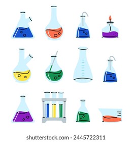 Laboratory glassware. Chemical reagents in glass bottles and rest tubes and flasks. Medical lab equipment. Scientific research tools. Doodle drawing. Vector cartoon flat style isolated illustration