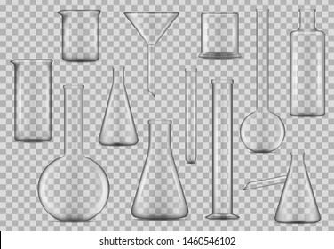 Laboratory Glassware, Chemical Test Beakers And Lab Liquids Measure Glass Flasks. Vector 3d Realistic Mockup Templates. Vector Isolated Chemistry And Pharmaceutical Laboratory Equipment Bottles