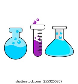 Cristalería de laboratorio con productos químicos. Tubo de ensayo de laboratorio. Equipo experimental. Taza de medición de laboratorio. Botella con productos químicos.