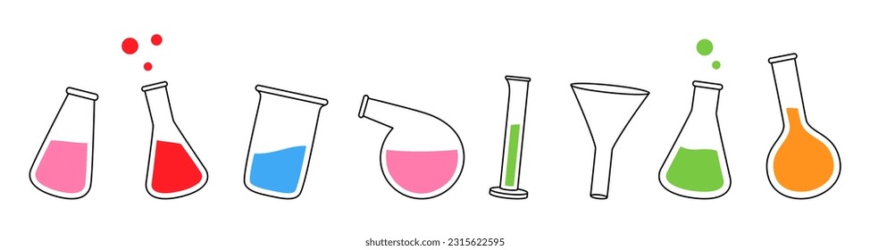 Laboratory glassware. Chemistry glassware, conical flask, glass beaker, retort glass flask, graduated cylinder, filter funnel, glass flask.