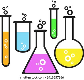 Laboratory glassware with colorful liquids.