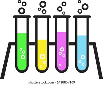 Laboratory glassware with colorful liquids.