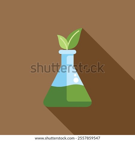 Laboratory glassware containing green liquid with leaves growing from it illustrating the concept of green chemistry
