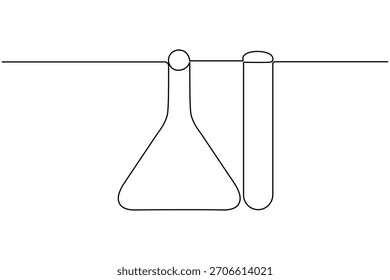 Laboratório vidro contínuo uma linha desenho sobre fundo branco minimalista experimento científico esboço ilustração vetor