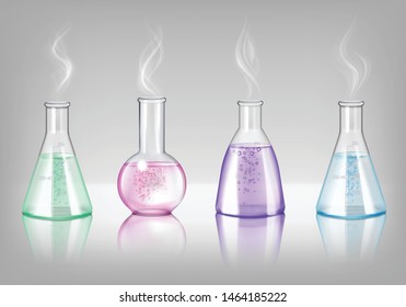 Laboratory glassware of different shapes realistic set of flasks and retorts filling colored potion isolated vector illustration 