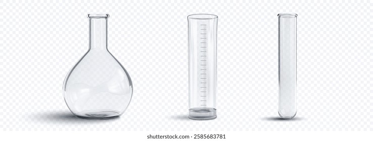 Laboratory glassware displayed includes a round-bottom flask, a graduated cylinder, and a test tube. The glassware is clear and designed for scientific purposes, emphasizing precision and utility.