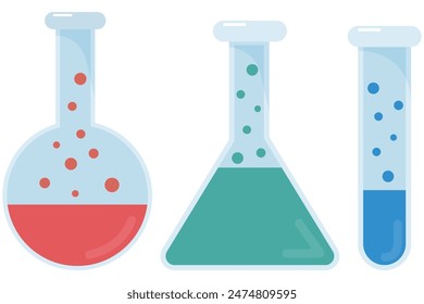 Equipo de cristalería de laboratorio para laboratorio químico en estilo de diseño plano aislado sobre fondo blanco.