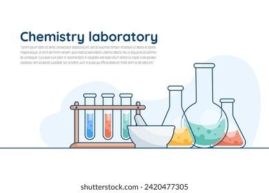 Equipo y vidrios de laboratorio para reacciones químicas y experimentos. Estilo moderno y plano.