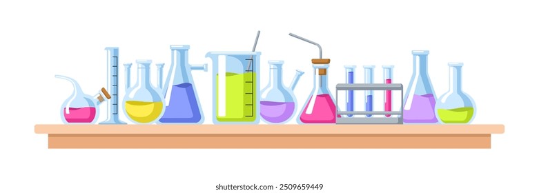 Cristalería de laboratorio. Matraces de vidrio, tubos de ensayo, vasos de laboratorio con ácido, líquidos químicos. Equipo de ciencia química para experimento químico. Ilustración vectorial plana aislada sobre fondo blanco