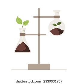 Laboratory glassware with green plants - tube, flask, leaves, sprout, soil. Organic chemistry concept. Natural drug research in laboratory. Flat illustration in minimalistic style