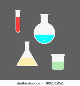 laboratory glassware icon set with different color liquid isolated on grey background. vector illustartion