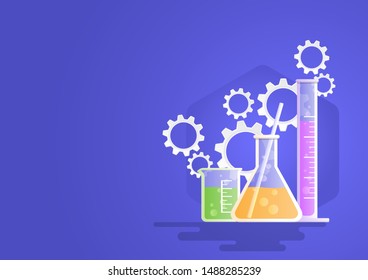 Laboratory glassware instruments, beaker, flask, equipment for chemical lab with gears symbol.  Vector illustration flat style for science, industry, health, education concept.