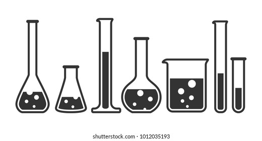 Laboratory Glassware Instruments Icons Set. Equipment For Chemical Lab In Flat Style. Beaker And Flask, Chemical Glass For Science Lab. Vector Illustration