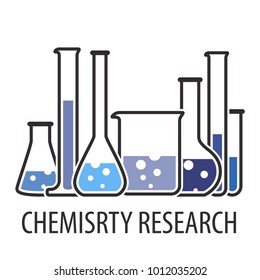 Laboratory glassware instruments set in blue colors. Banner with equipment for chemical lab in flat style. Beaker and flask, chemical glass for science lab. Vector illustration